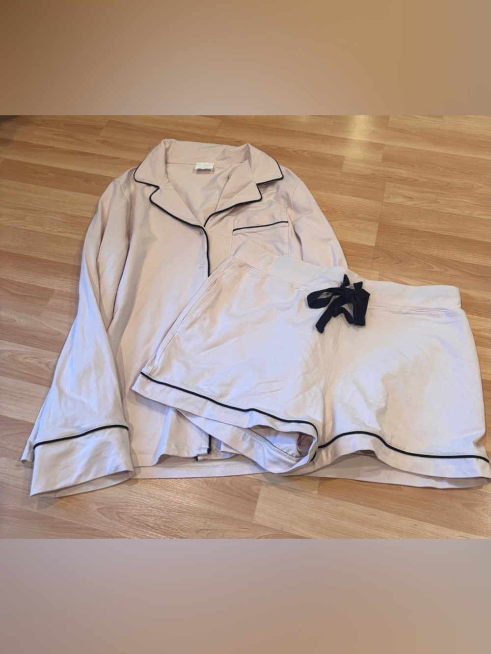Le Rose Light  Blush Pajama Set with‎ Black Piping